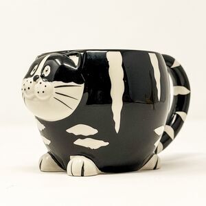 Pier 1 Imports Black White Chubby Cat Mug Hand Painted Ceramic Coffee Cup